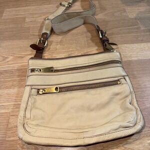 Fossil Explorer Beige Leather Crossbody Shoulder Bag Adjustable Boho Minimalist